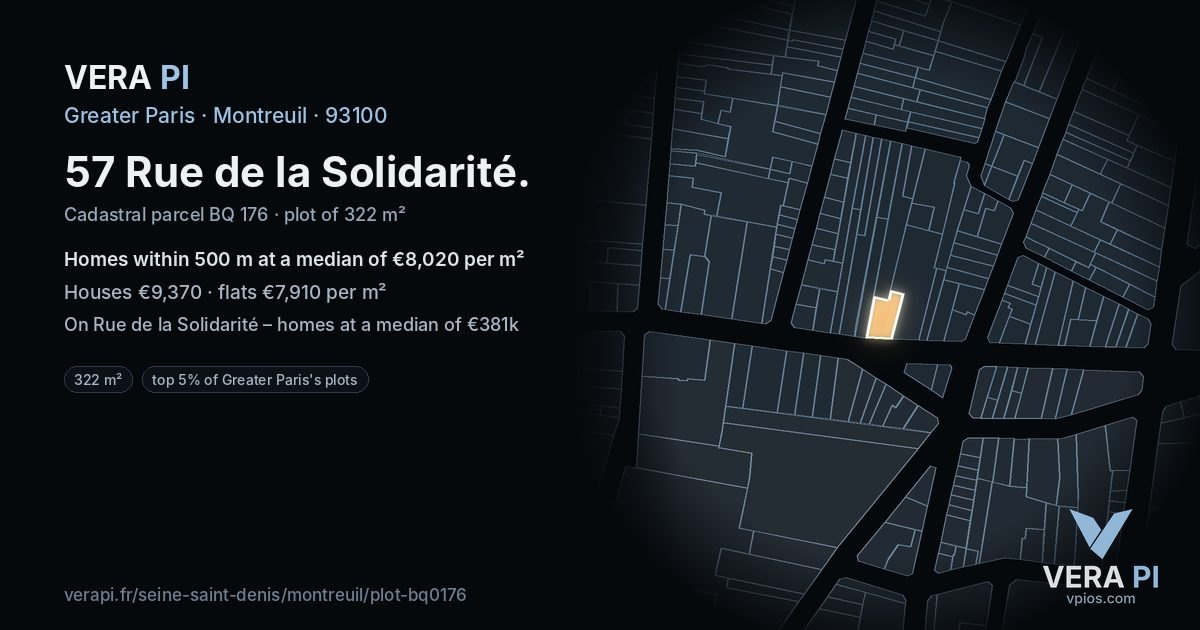 57 Rue de la Solidarité, Montreuil at night – the plot lit, the parcels around coloured by the prices near them