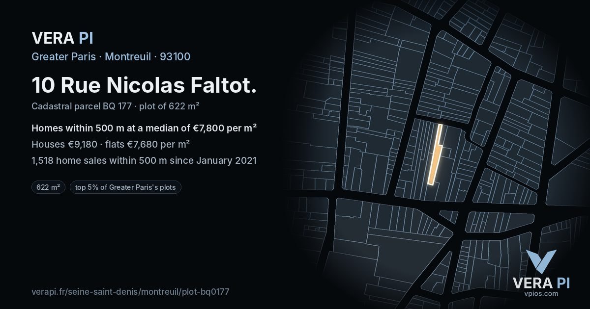 10 Rue Nicolas Faltot, Montreuil at night – the plot lit, the parcels around coloured by the prices near them