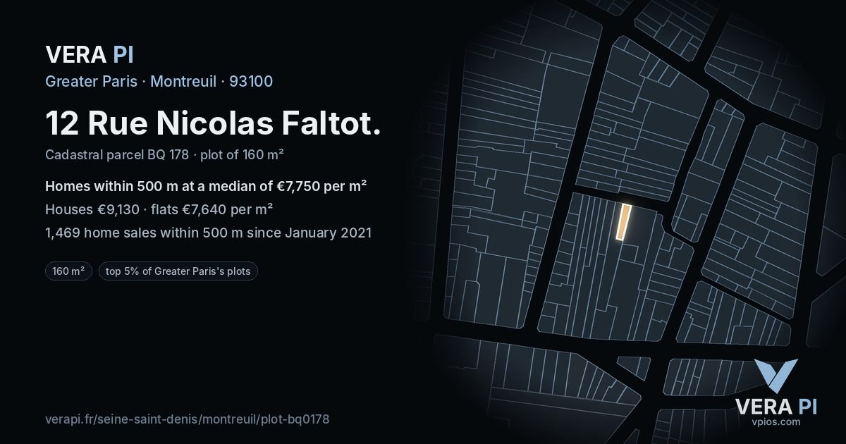 12 Rue Nicolas Faltot, Montreuil at night – the plot lit, the parcels around coloured by the prices near them
