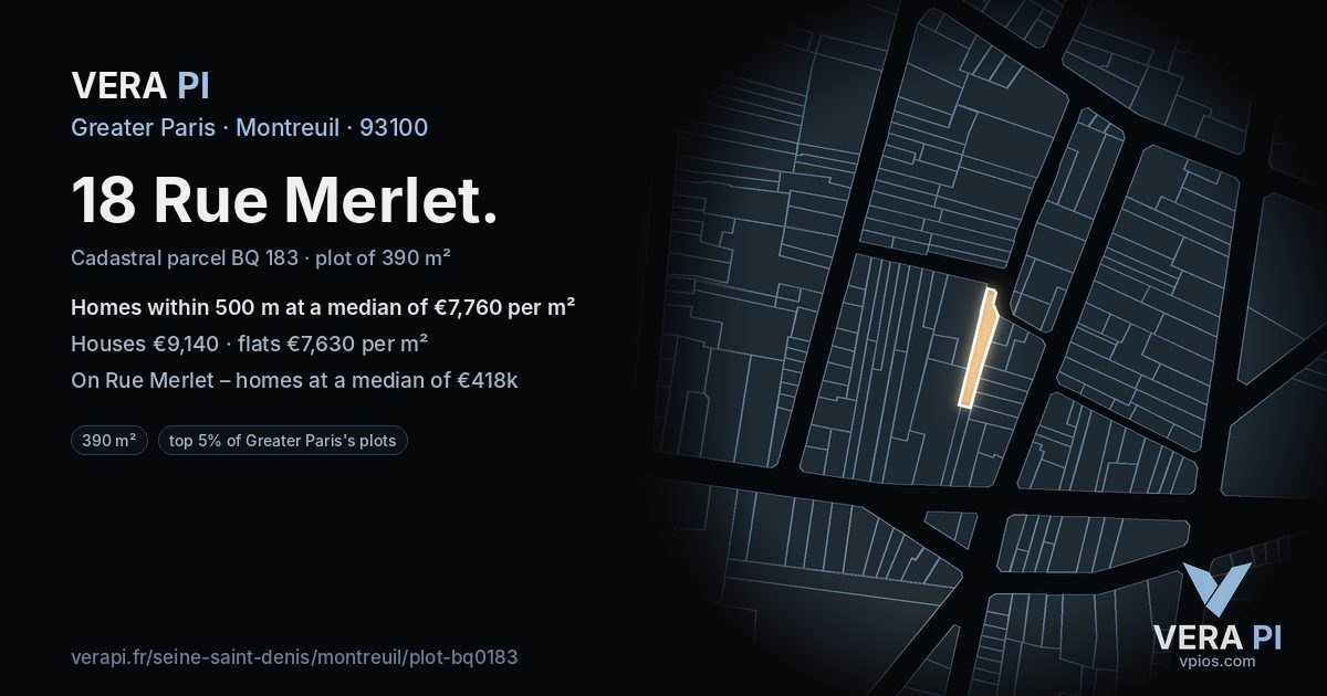 18 Rue Merlet, Montreuil at night – the plot lit, the parcels around coloured by the prices near them