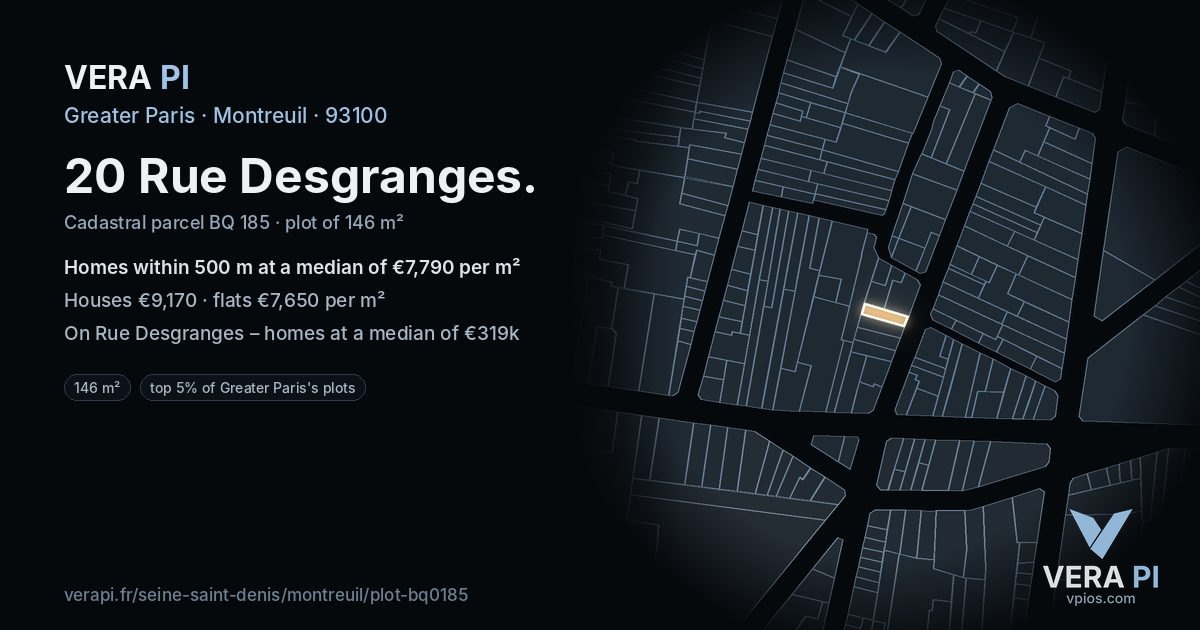 20 Rue Desgranges, Montreuil at night – the plot lit, the parcels around coloured by the prices near them