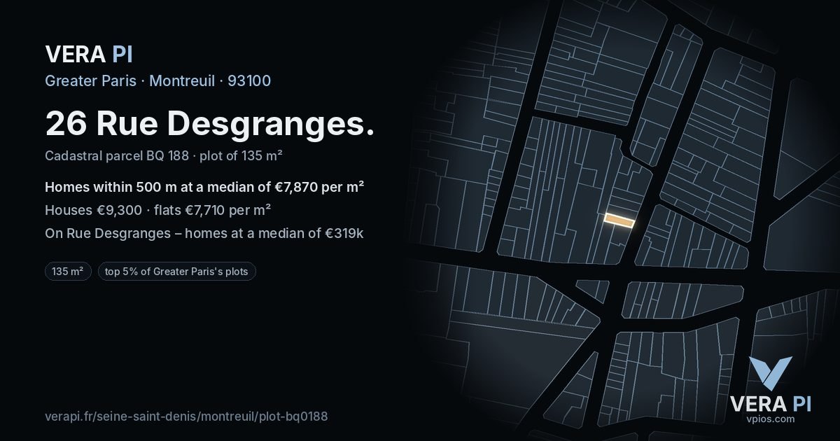 26 Rue Desgranges, Montreuil at night – the plot lit, the parcels around coloured by the prices near them