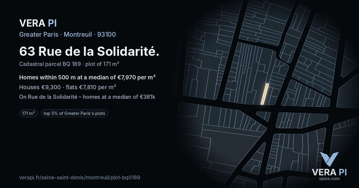 63 Rue de la Solidarité, Montreuil at night – the plot lit, the parcels around coloured by the prices near them