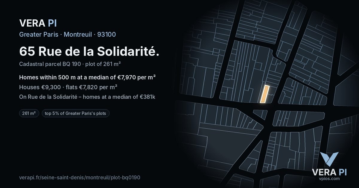 65 Rue de la Solidarité, Montreuil at night – the plot lit, the parcels around coloured by the prices near them