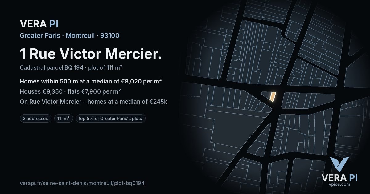 1 Rue Victor Mercier, Montreuil at night – the plot lit, the parcels around coloured by the prices near them