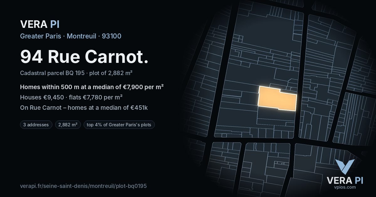 94 Rue Carnot, Montreuil at night – the plot lit, the parcels around coloured by the prices near them