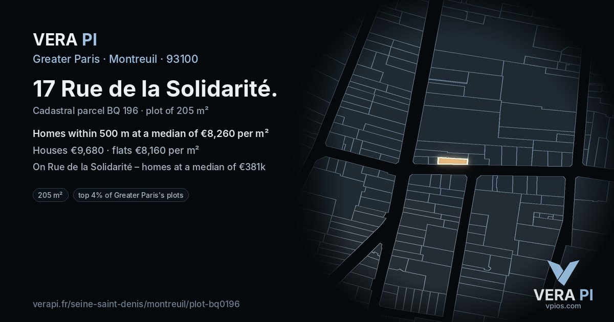 17 Rue de la Solidarité, Montreuil at night – the plot lit, the parcels around coloured by the prices near them