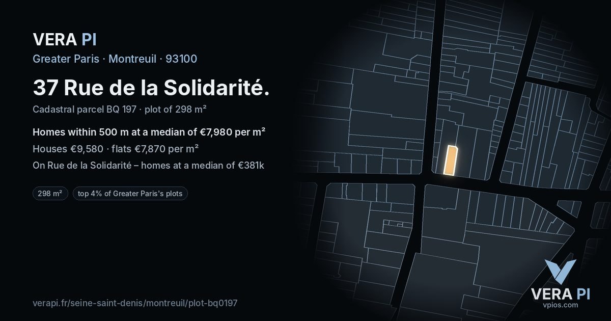 37 Rue de la Solidarité, Montreuil at night – the plot lit, the parcels around coloured by the prices near them