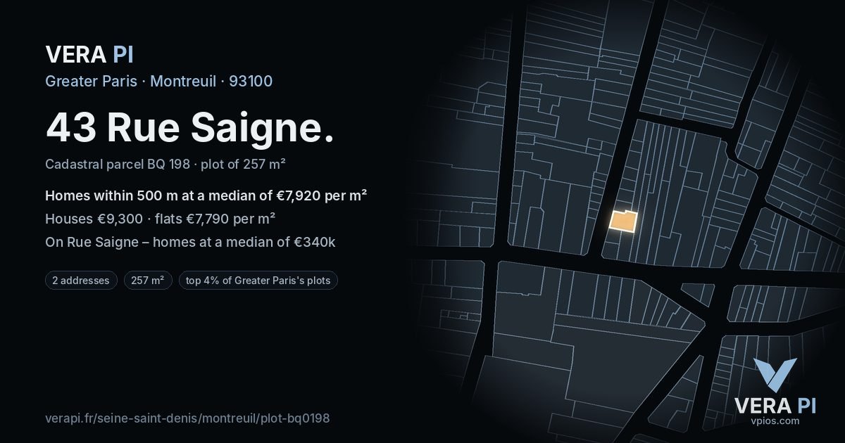 43 Rue Saigne, Montreuil at night – the plot lit, the parcels around coloured by the prices near them