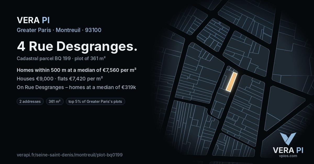 4 Rue Desgranges, Montreuil at night – the plot lit, the parcels around coloured by the prices near them