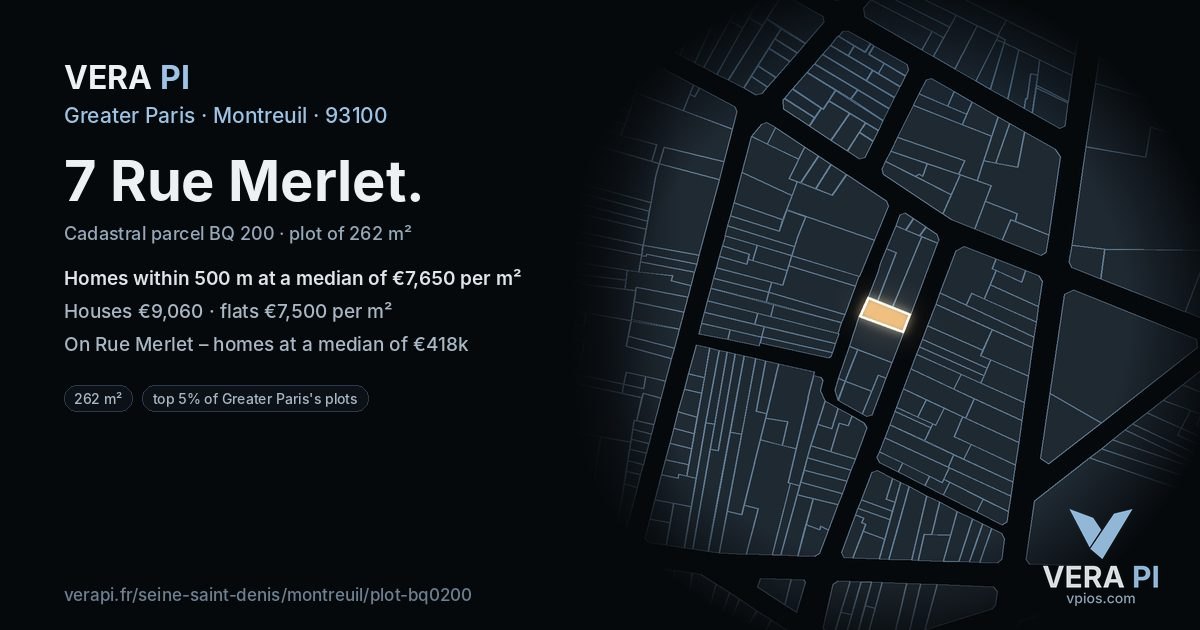 7 Rue Merlet, Montreuil at night – the plot lit, the parcels around coloured by the prices near them