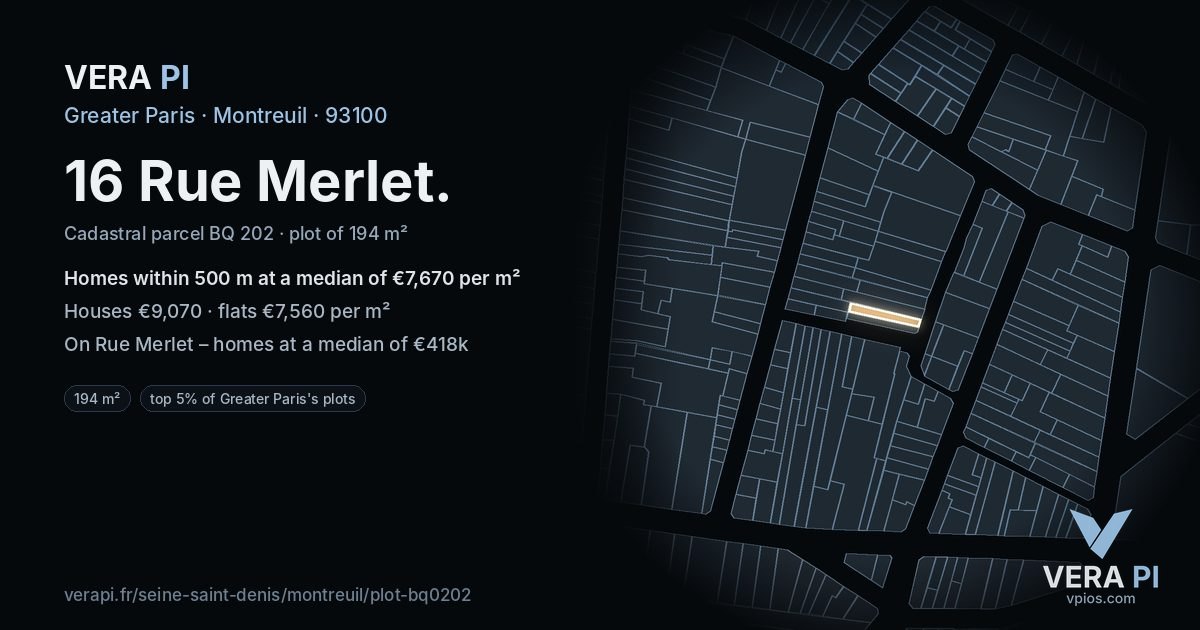 16 Rue Merlet, Montreuil at night – the plot lit, the parcels around coloured by the prices near them