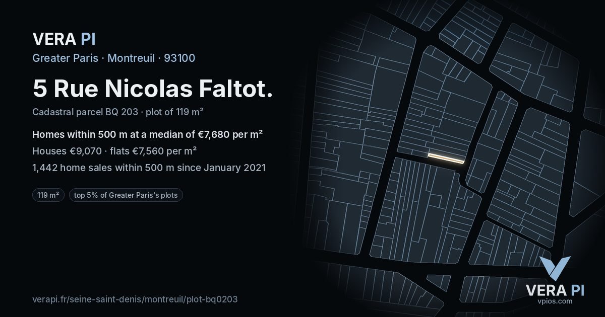 5 Rue Nicolas Faltot, Montreuil at night – the plot lit, the parcels around coloured by the prices near them