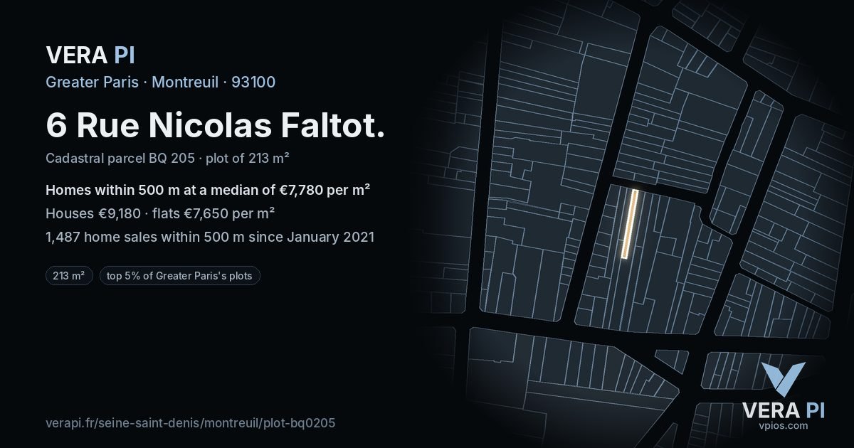 6 Rue Nicolas Faltot, Montreuil at night – the plot lit, the parcels around coloured by the prices near them