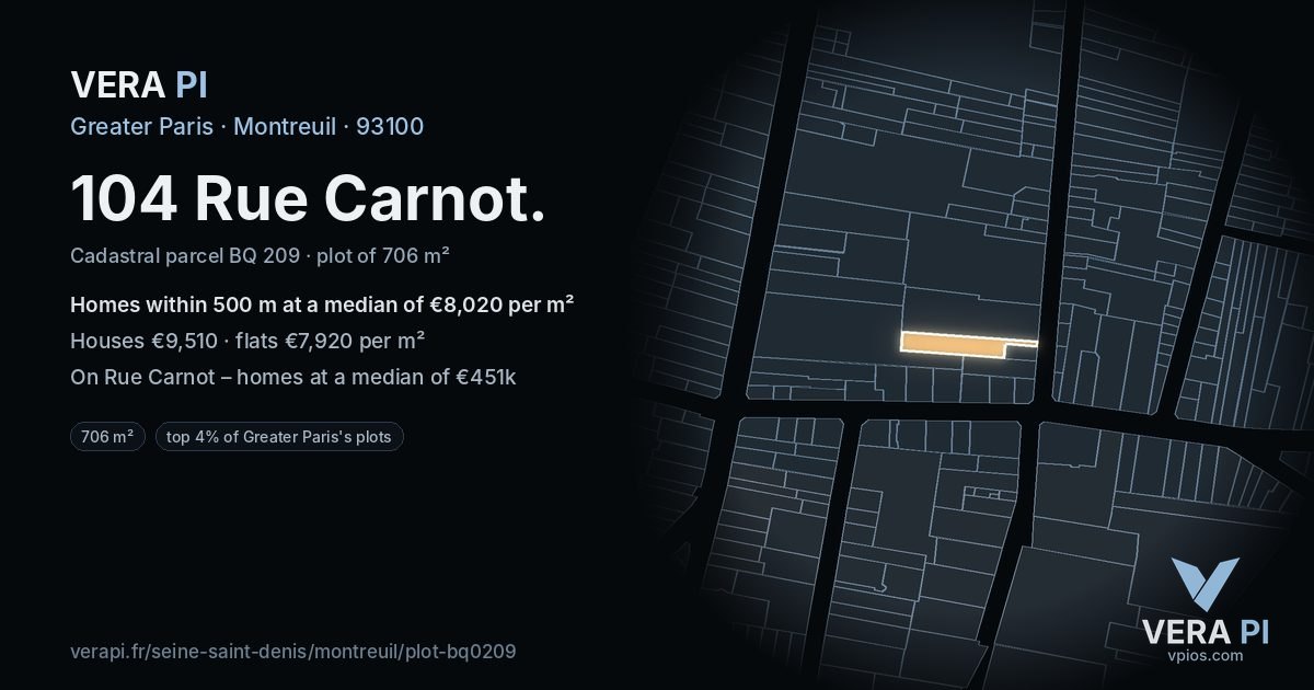104 Rue Carnot, Montreuil at night – the plot lit, the parcels around coloured by the prices near them