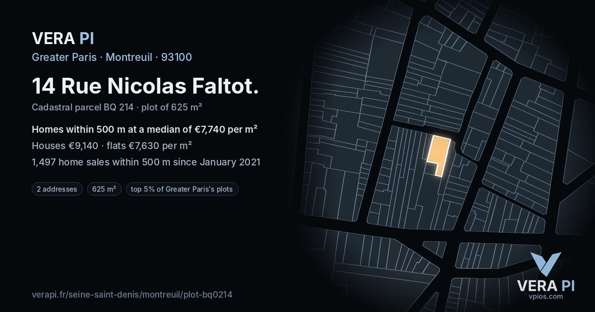 14 Rue Nicolas Faltot, Montreuil at night – the plot lit, the parcels around coloured by the prices near them