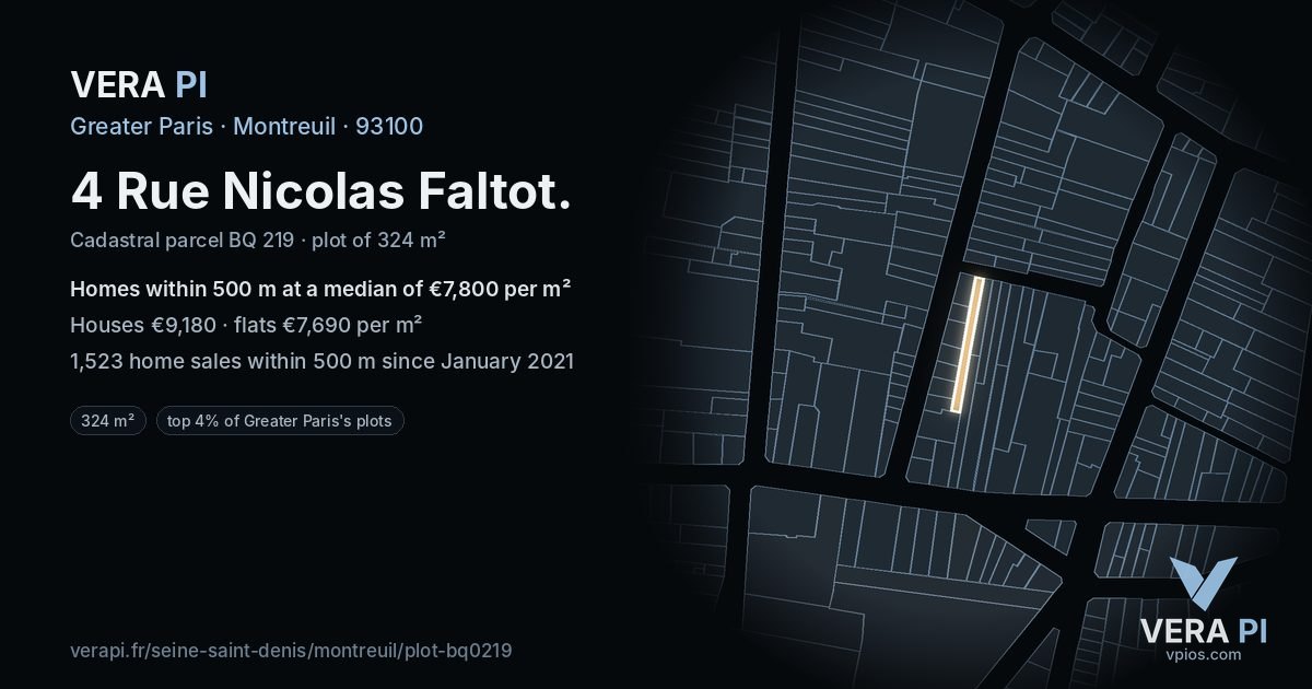 4 Rue Nicolas Faltot, Montreuil at night – the plot lit, the parcels around coloured by the prices near them