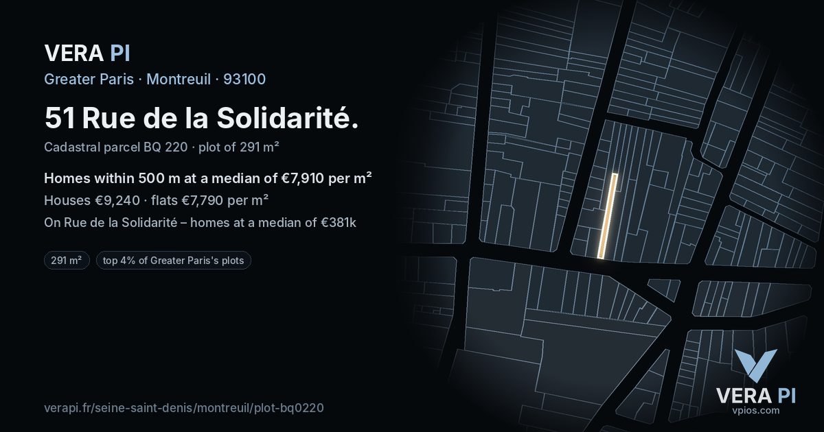 51 Rue de la Solidarité, Montreuil at night – the plot lit, the parcels around coloured by the prices near them