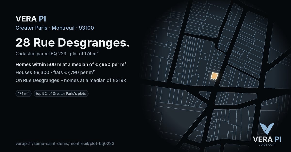 28 Rue Desgranges, Montreuil at night – the plot lit, the parcels around coloured by the prices near them