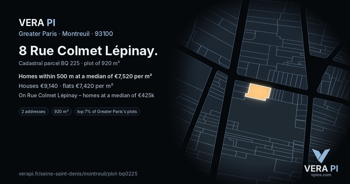 8 Rue Colmet Lépinay, Montreuil at night – the plot lit, the parcels around coloured by the prices near them