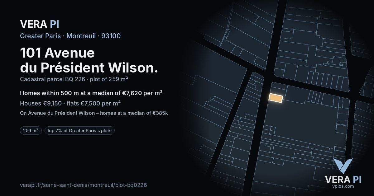 101 Avenue du Président Wilson, Montreuil at night – the plot lit, the parcels around coloured by the prices near them