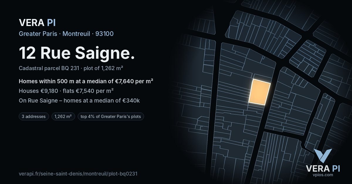 12 Rue Saigne, Montreuil at night – the plot lit, the parcels around coloured by the prices near them