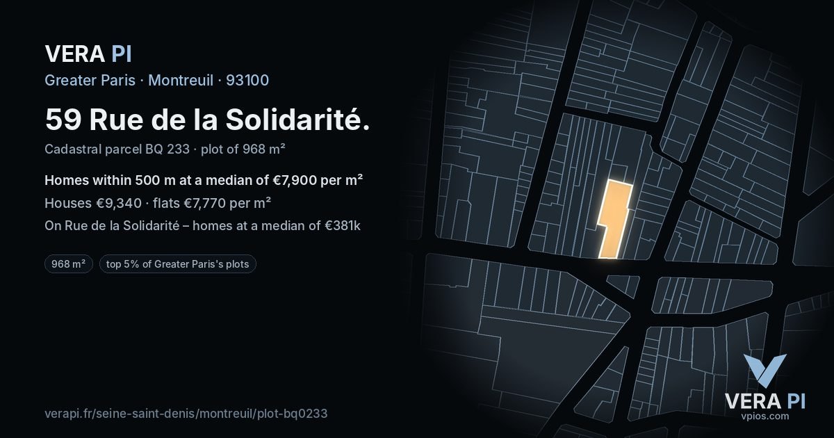 59 Rue de la Solidarité, Montreuil at night – the plot lit, the parcels around coloured by the prices near them