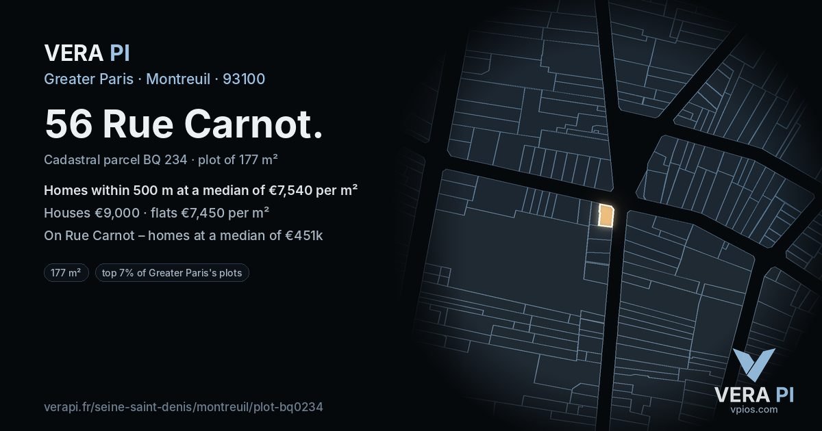 56 Rue Carnot, Montreuil at night – the plot lit, the parcels around coloured by the prices near them