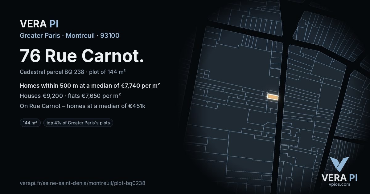 76 Rue Carnot, Montreuil at night – the plot lit, the parcels around coloured by the prices near them