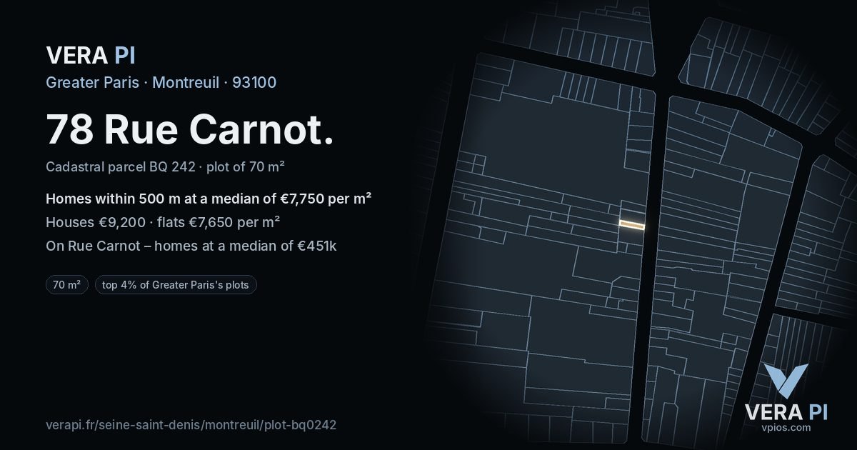 78 Rue Carnot, Montreuil at night – the plot lit, the parcels around coloured by the prices near them