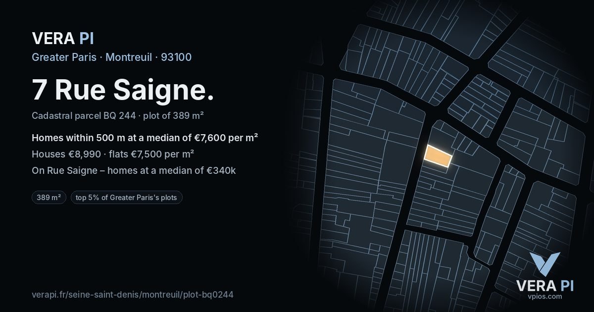 7 Rue Saigne, Montreuil at night – the plot lit, the parcels around coloured by the prices near them