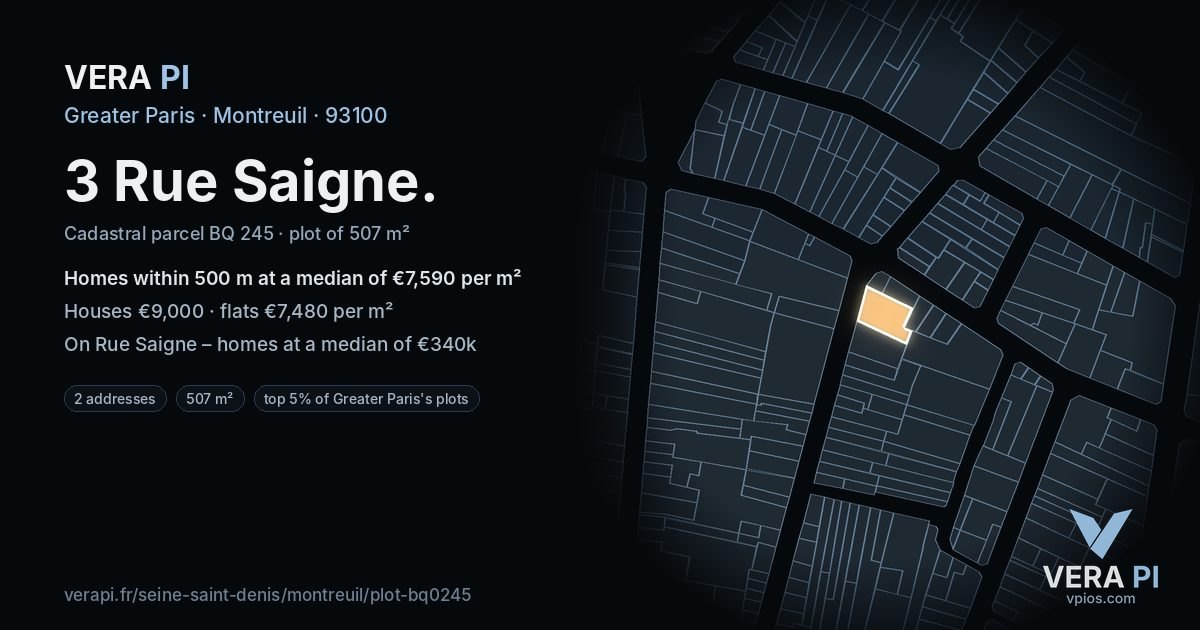 3 Rue Saigne, Montreuil at night – the plot lit, the parcels around coloured by the prices near them
