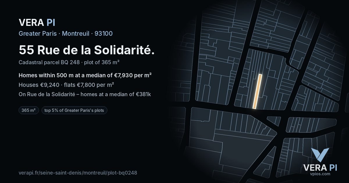 55 Rue de la Solidarité, Montreuil at night – the plot lit, the parcels around coloured by the prices near them