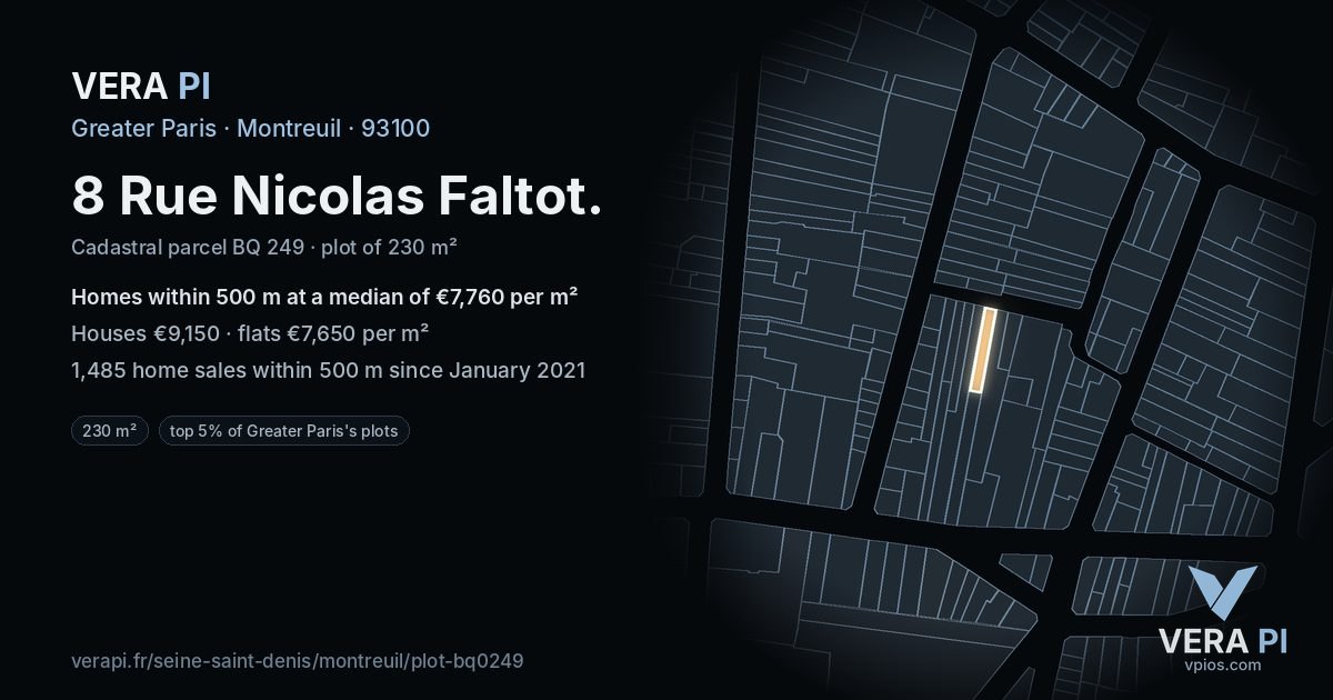 8 Rue Nicolas Faltot, Montreuil at night – the plot lit, the parcels around coloured by the prices near them