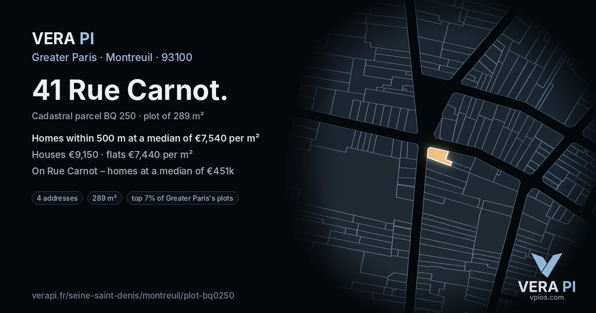 41 Rue Carnot, Montreuil at night – the plot lit, the parcels around coloured by the prices near them