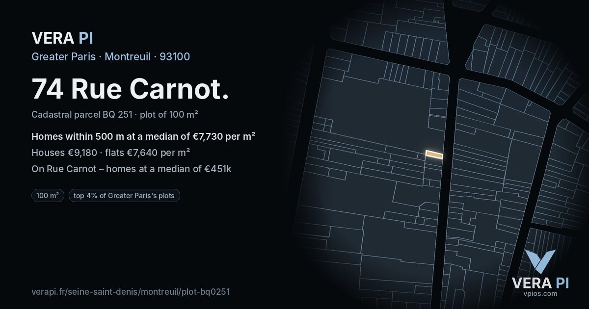 74 Rue Carnot, Montreuil at night – the plot lit, the parcels around coloured by the prices near them
