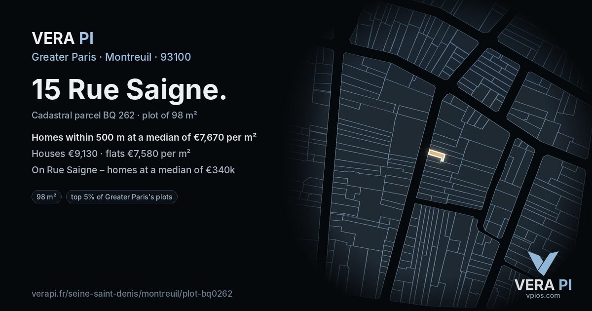 15 Rue Saigne, Montreuil at night – the plot lit, the parcels around coloured by the prices near them