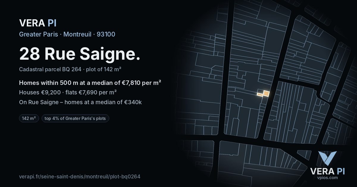 28 Rue Saigne, Montreuil at night – the plot lit, the parcels around coloured by the prices near them
