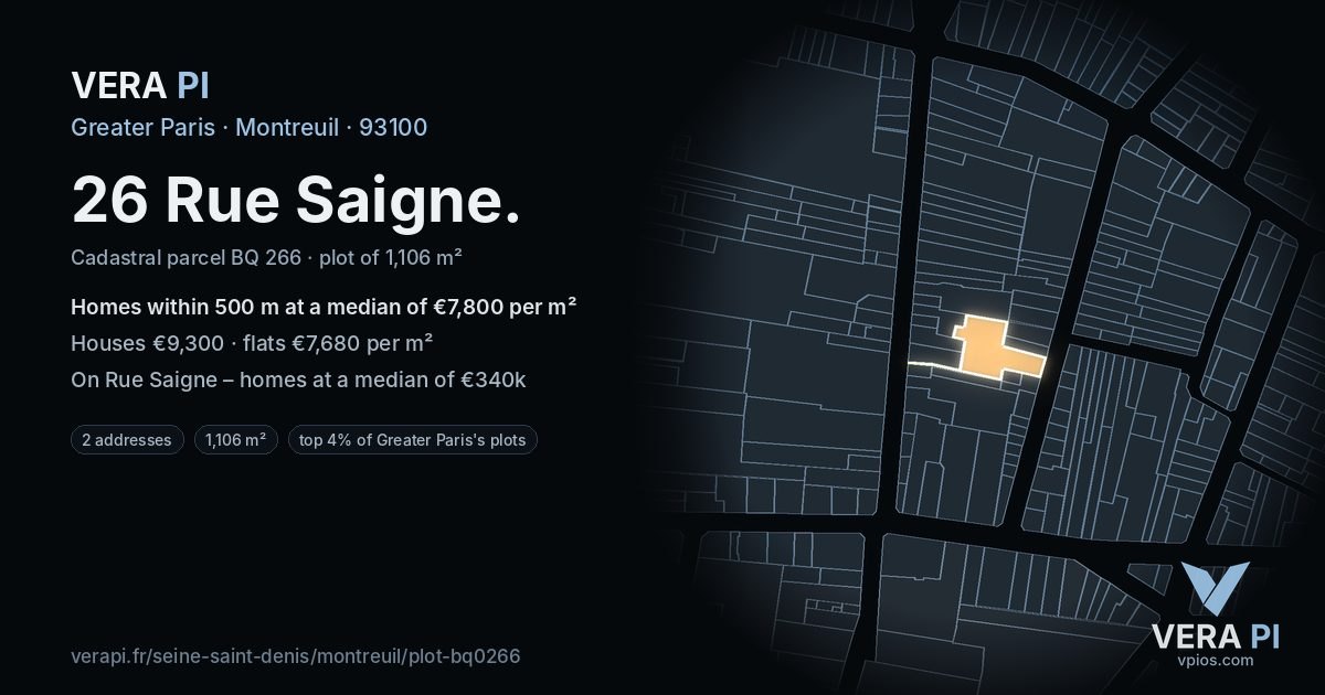 26 Rue Saigne, Montreuil at night – the plot lit, the parcels around coloured by the prices near them