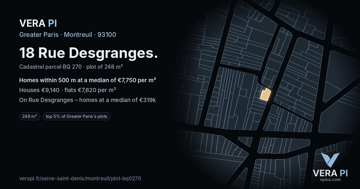 18 Rue Desgranges, Montreuil at night – the plot lit, the parcels around coloured by the prices near them