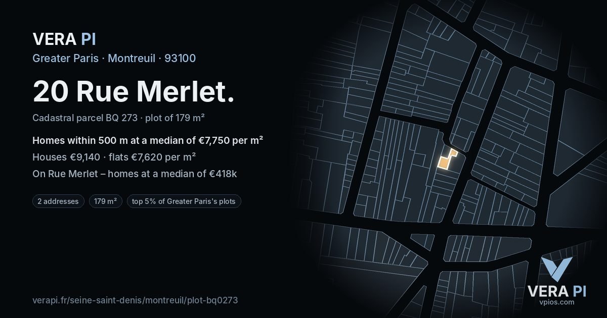 20 Rue Merlet, Montreuil at night – the plot lit, the parcels around coloured by the prices near them