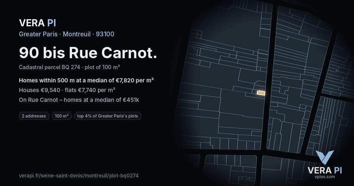 90 bis Rue Carnot, Montreuil at night – the plot lit, the parcels around coloured by the prices near them
