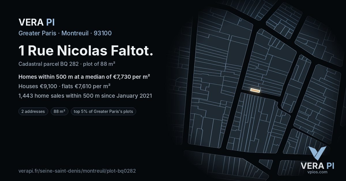 1 Rue Nicolas Faltot, Montreuil at night – the plot lit, the parcels around coloured by the prices near them