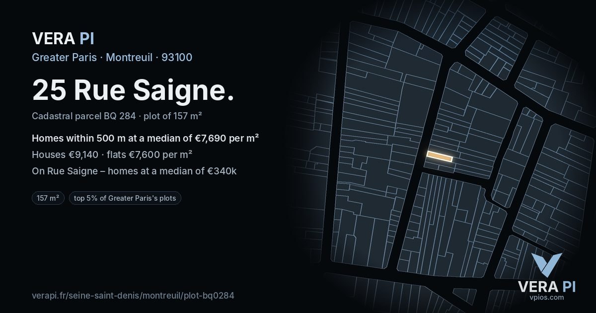 25 Rue Saigne, Montreuil at night – the plot lit, the parcels around coloured by the prices near them