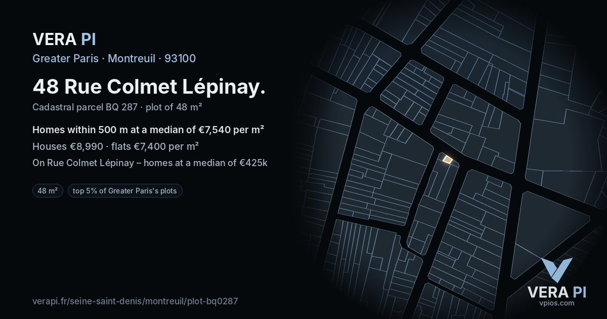 48 Rue Colmet Lépinay, Montreuil at night – the plot lit, the parcels around coloured by the prices near them