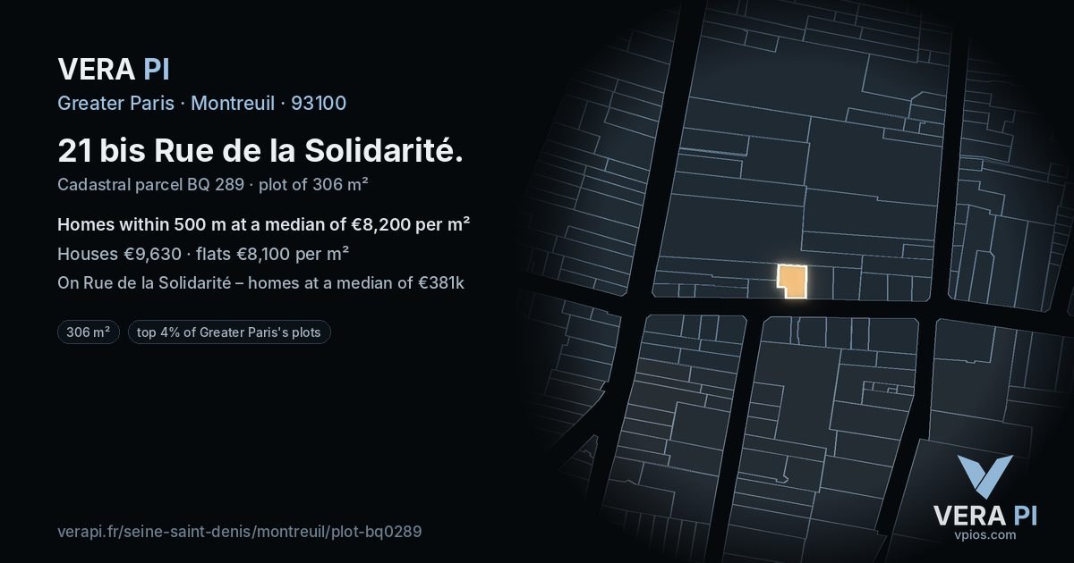 21 bis Rue de la Solidarité, Montreuil at night – the plot lit, the parcels around coloured by the prices near them