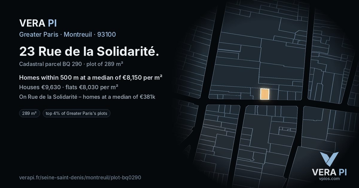 23 Rue de la Solidarité, Montreuil at night – the plot lit, the parcels around coloured by the prices near them