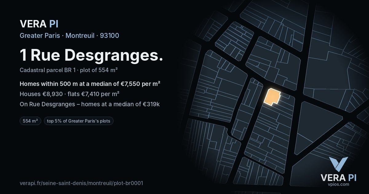 1 Rue Desgranges, Montreuil at night – the plot lit, the parcels around coloured by the prices near them