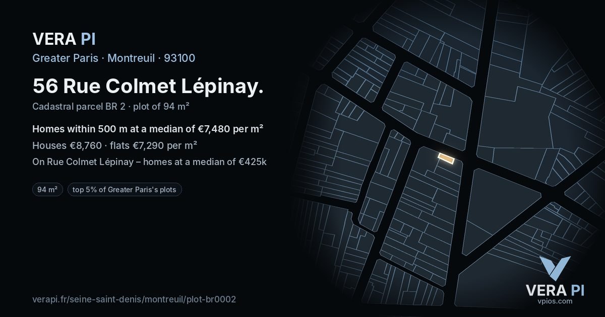 56 Rue Colmet Lépinay, Montreuil at night – the plot lit, the parcels around coloured by the prices near them