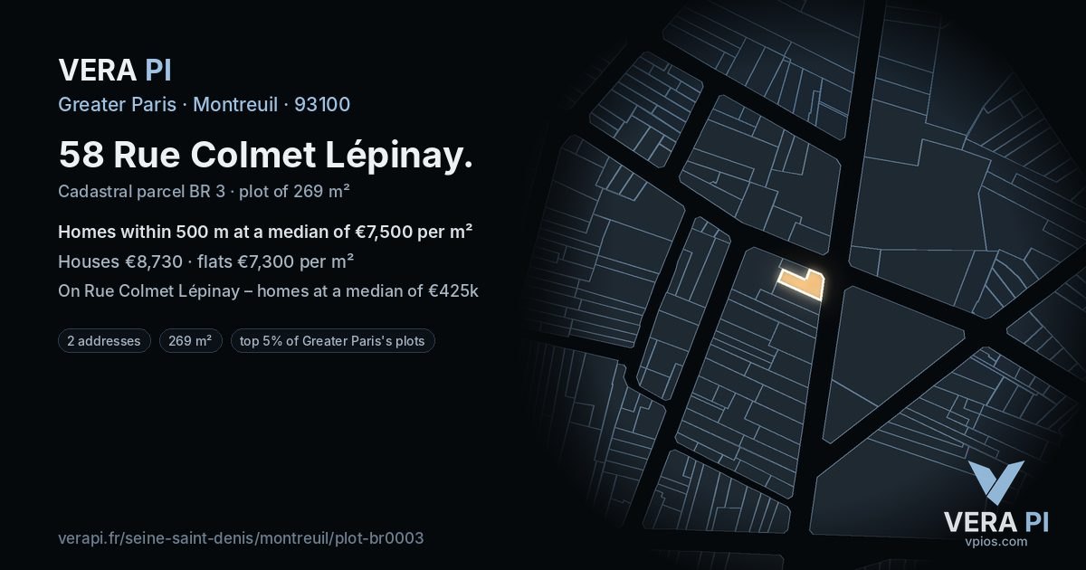 58 Rue Colmet Lépinay, Montreuil at night – the plot lit, the parcels around coloured by the prices near them